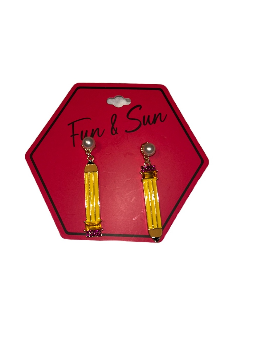 Yellow Pencil Crystal Drop Earrings with Pink Accents